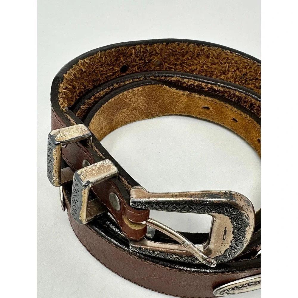 Brighton Vintage Brown Leather Western Concho Belt Silver Engraved Buckle Womens